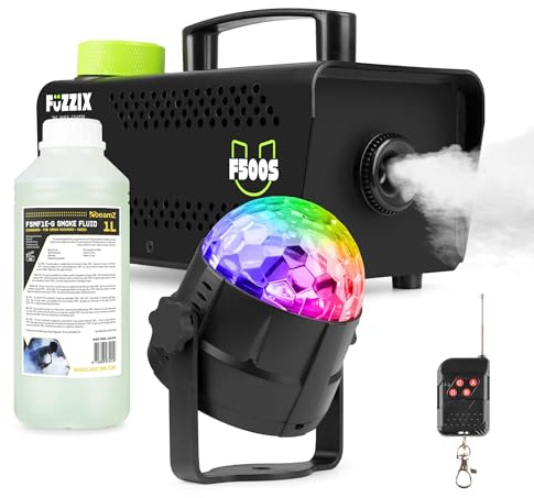 Fuzzix Partyset komplett - F500 Nebelmaschine Komplettset inkl. 1L Nebelfluid und Tornado LED Discokugel, Nebelmaschine mit Lichteffekt - Rauchmaschine - Halloween Party Set - Schwarz