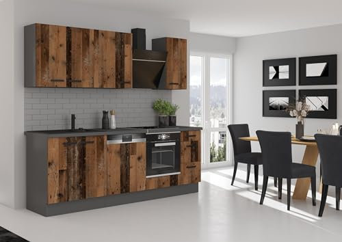 Küche Old Style Basic 240 cm Old Wood Optik Küchenzeile Küchenblock Einbauküche