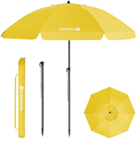 HOMEDEMO Parasol Plage Inclinable avec Revêtement Argenté, Protection Solaire UV50+, avec Pied d'Ancrage à Visser & Housse de Protection, pour Terrasse, Piscine, Marché, 200cm, Jaune