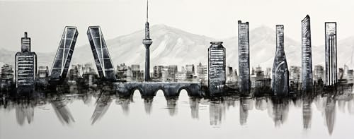 Cuadroexpres - Cuadro Pintado Skyline de Madrid en Blanco y Negro 150x60 cm, con la Sierra al fondo, sobre lienzo, Listo para colgar. 100% Original, Firmado por el artista.