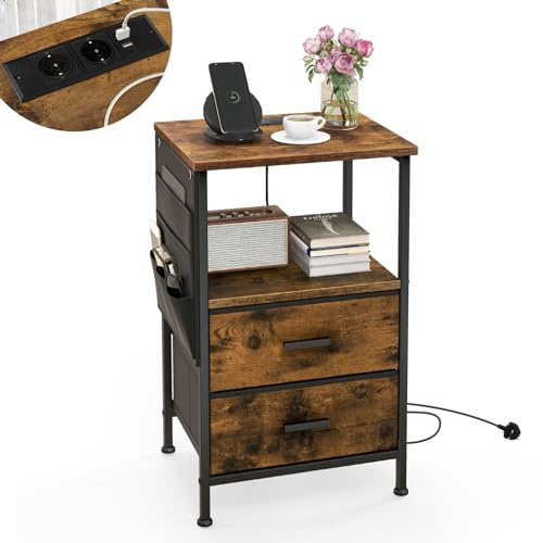 GIANTEX Mesita de Noche con 2 Cajones Plegables, Mesa Auxiliar Industrial con 2 Enchufes y 2 Puertos USB, Mesa de Noche con 6 Bolsillos Laterales, para Salón, Dormitorio (1)