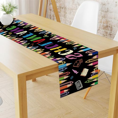Tischläufer Modern Abwaschbar mit Fleckschutz - Schulanfang Deko, Tischdeko für Einschulung, Schuleinführung, Party, Geburtstag Dekor