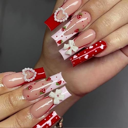 Goiern 24 Stück Press on Nails Lange Glitzerstein Rosa Falsche Nägel Schwarze Nägel Quadratische Schmuckstücke Glänzend 3D Blumen Falsche Nagelspitzen Kunstliche Nägel