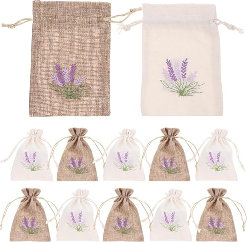 FENGCHUANG 12 Stück Lavendelbeutel Beutel Leere 10 x 14 cm Lavendelsäckchen Leere Beutel Weiß und Leinenfarbe Kordelzug Baumwolle und Leinen für Lavendel Gewürze und Kräuter (Weißes Leinen)