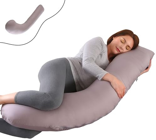 Oemmie Schwangerschaftskissen J-Form – 145 x 45 cm Lagerungskissen für Seitenschläfer – ergonomisches Stillkissen & Seitenschläferkissen in Grau