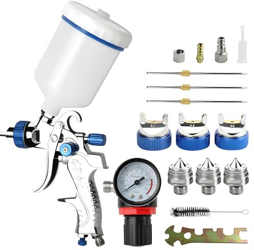 Professional HVLP Spray Gun Set Gravity Feed Air Spray Gun with 1.4, 1.7, 2.0mm Nozzles 20oz 600cc with Gauge for Auto Paint,Primer,Clear/Top Coat & Touch-Up (Not Suitable for Latex Paint)