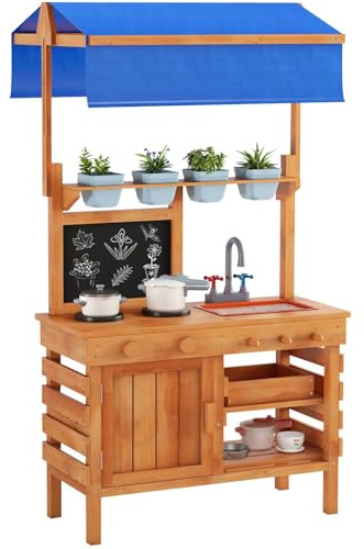 GYMAX Kids Mud Kitchen, Fir Wood Children Potting Bench Table | with Adjustable Canopy, Sink, Chalkboard, 4 Pots, 2 Trowels & 1 Rake, Outdoor Toy Kitchen for 3 Years Old+ Boys Girls