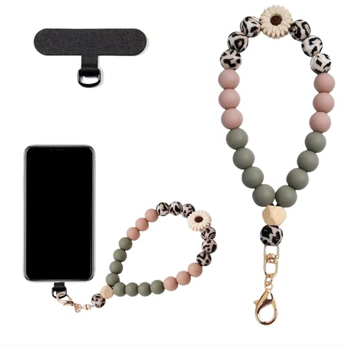 Kinretixia Daisy Leopard Handykette Silikon mit Perlen Kurz, Handy Kette Für Handgelenk Mit Strapazierfähiger Handschlaufe, Stilvolle Handyschlaufe Für Sicheres Tragen