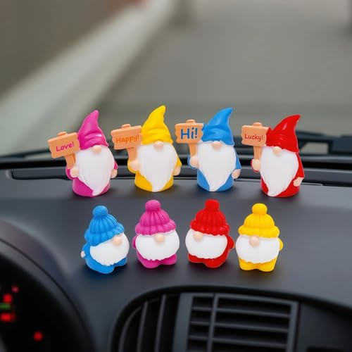 Set of 8 Mini Resin Colorful Gnomes Figurine Cute Car Accessories, Funny Christmas Car Rear View Mirror & Dashboard Decorations, Adorable Auto Interior Ornaments