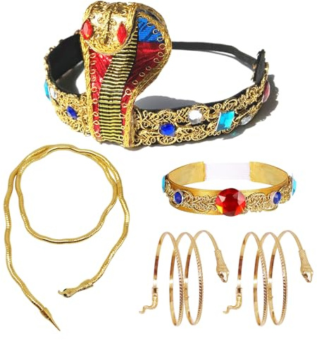 SAIIURV 5 Stück Altägyptisches Kostüm Zubehör, Pharao Kostüm Zubehör Ägyptischer Kopfschmuck Halskette Bracelet Schlange Armband Pharao Accessoires für Frauen Halloween Karneval Party