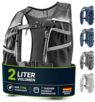 SASMO Laufweste Damen & Herren mit Trinkflasche, 270g Ultraleicht | Trinkweste Laufen, Laufrucksack, Trinkrucksack, 8 Taschen, 2L Trinkblase kompatibel, Atmungsaktiv, Joggen Wandern Trail