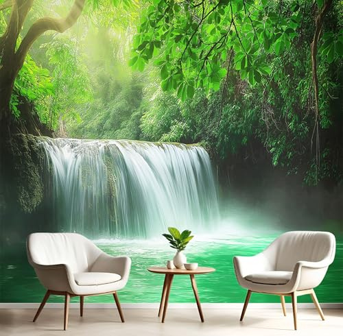 Papel Pintado De Mural Seda - Cascada La Jungla - 150×105 Cm - Fotomurales Paisajes Naturales Realistas Decorativos Murales Papel Tapiz Verde Fotográfico Dormitorio Para La Sala
