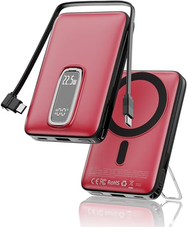 2026 para Magsafe Power Bank con Soporte, Magnética Batería Externa Carga Rapida 10000mAh con Cable USB-C Integrado, Inalámbrica Batería Portatil para iPhone 17 16 15 14 13 12, Rojo