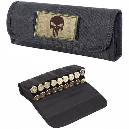 Pochette pour Cartouches de Fusil de Chasse 18 Cartouches, Porte-munitions Tactique Compatible Molle pour Calibre 12/20, Sac à Cartouches en Nylon résistant avec Couvercle Rabattable (Black)