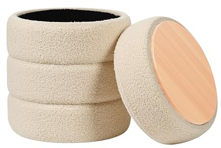 Zedelmaier Runder Teddy Hocker mit Stauraum Sitzhocker 47cm Sitzhöhe | Bouclé Schminkhocker| Schminktisch Hocker| Beige Fußhocker| Pouf Stool Aufbewahrungshocker für Wohnzimmer, Schlafzimmer