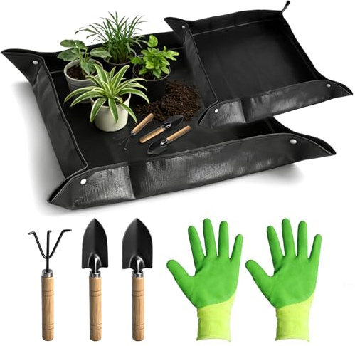 Bubuny 2 Stück Pflanzmatte 100x100 66x66cm Schwarz wasserdichte Faltbare Umtopfmatte aus PE Pflanzunterlage für Saubere Indoor Gartenarbeit, Sukkulenten, Umtopfen und Pflanzenpflege