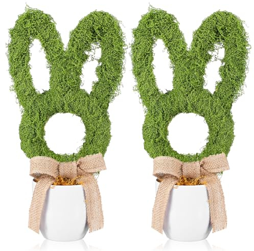 2 Pcs Easter Moss Bunny Decorations Topiary Artificial Easter Bunny Shaped Topiary Trees with Gold Bow Faux Artificial Moss Fake Green Grass Rabbit Plant Decor for Indoor Outdoor Home Porch Decor