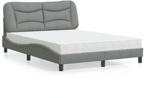 Runheo Hvar Säng med madrass, ljusgrå, 140 x 200 cm, tygöverdrag, furuträ, vågformsdesign, komfortskummadrass