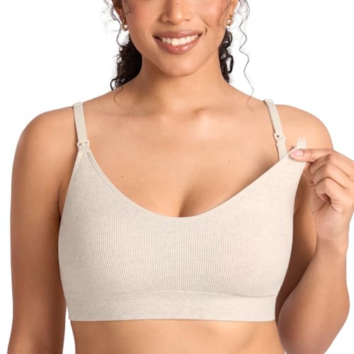 MOMANDA Ribbed Nursing Bras Support Maternity Wireless Bra for Breastfeeding Warm Sand Heather Large