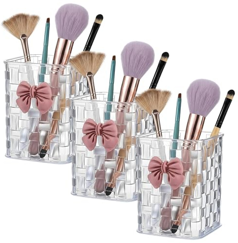 BeoTnp 3 Pcs Makeup Brush Holder，Pen Holder，Pen Holder For Desk，Organiser Set With 3 Transparent Cups And 3 Small Bow Stickers, Compact Design For Vanity And Bathroom Use