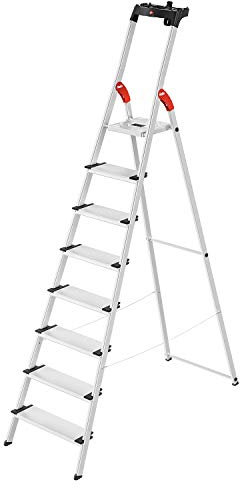 Hailo L80 ComfortLine Alu-Sicherheits-Stehleiter - 8 XXL-Stufen belastbar bis 150 kg - Tiefe Standfläche - Stehleiter mit Ablage - klappbare Aluleiter Made in Germany - Leiter rostfrei - Silber