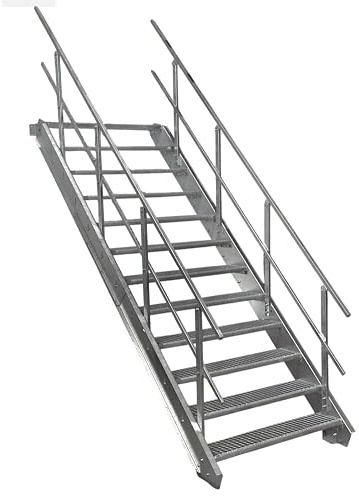 12 Stufen Stahltreppe mit beidseitigem Geländer/Breite 130cm Geschosshöhe 180-240cm / Robuste Außentreppe/Wangentreppe/Stabile Industrietreppe für den Außenbereich/Inklusive Zubehör