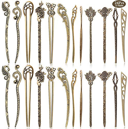 24 Stücke Chinesische Damen Haar Stäbchen, MERYSAN Antike Bronze Dekorative Haar Sticks Essstäbchen, Antiquität Retro Vintage Haarnadel für Haar DIY Zubehör(12 Stile)