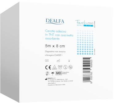 DEALFA Cerotto Adesivo Estensibile in TNT con Cuscinetto Assorbente e Antiaderente - Rotolo cm 8x5 mt - Ritagliabile secondo le diverse esigenze - Monouso - Confezione da 1 Pezzo