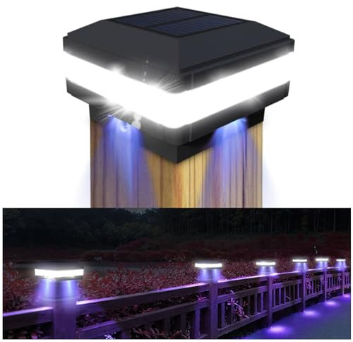 INDARUN 4x4 Solar Post Cap Led Lights Outdoor Fit 4x4 5x5 6x6 Wooden Posts, Fence Deck Post Lights Solar Powered Waterproof Landscape Lighting 6500K 52 LED White Light for Patio Porch Stair Garden