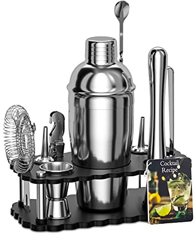 Bokhot Bartender Kit – Set da 11 pezzi per cocktail con supporto – Set di strumenti da barra: 708,7 g Martini Shaker, Jigger, Muddler, Pinze per ghiaccio, colino, versatori di liquori, cucchiaio,