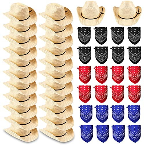Coume 48 Stück StrohCowboyhüte mit bunten Bandanas Erwachsene Westernhüte mit Hutband Schwarz Rot Blau Bandanas Cowboy Kostüm Zubehör Partypaket für Damen Herren Westernthema Landhausstil Party