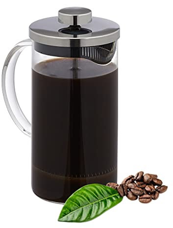 Relaxdays Prensa Francesa, Cafetera Manual, Infusor, 600ml, Vidrio y Acero Inoxidable, Preparador Té, Transparente/Plata