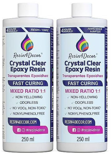Schnell härtend Epoxidharz set (4h Entformzeit) RESIN4DECOR 1:1 Kristallklares Harz & Härter für Kunsthandwerk Schmuckherstellung Vergilbungsfrei Ungiftig Hochglanz Geruchlos Hitzebeständig - 500ml