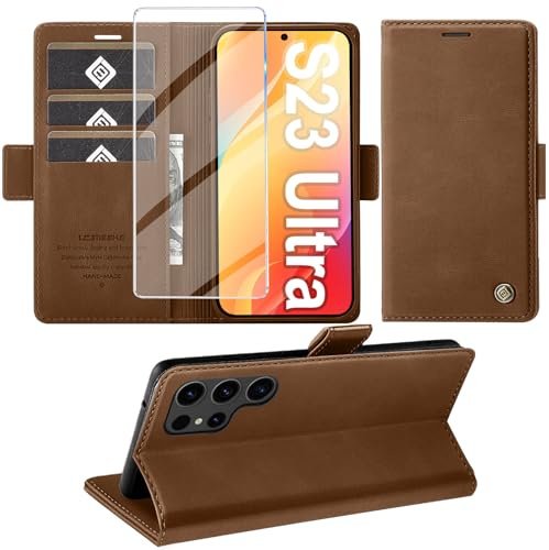 Handyhülle für Samsung Galaxy S23 Ultra 5G Hülle mit Schutzfolie, Standfunktion Kartenfach Wallet Premium Leder Schutzhülle S23 Ultra Flip Case Cover Stoßfeste Klapphülle S23 Ultra 6.8 Zoll (Braun)
