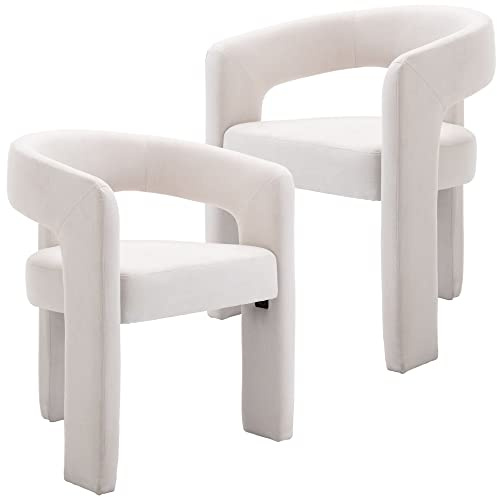 BESTANO Set of 2 Modern Linen Fabric Upholstered Dining Chairs with Open-Back, Cute Barrel Side Chairs Kitchen Armchair Accent Chairs for Dining Room Bedroom, Ivory