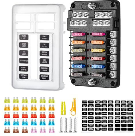 12 Fach Sicherungshalter, KFZ Sicherungskasten mit LED-Anzeige/30 Sicherungen/Sicherungsclip/Abisolierzange/Aufkleber/Schrauben für Auto, Boot, Van, Suv, LKW, Yacht, Wohnmobil, Anhänger