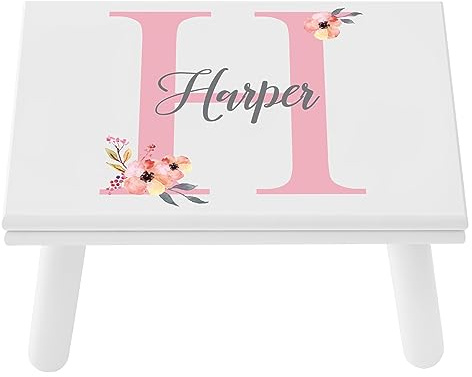 Let's Make Memories Personalized Step Stool- Name and Initial- Wood- Floral Design- White- Ages 3+