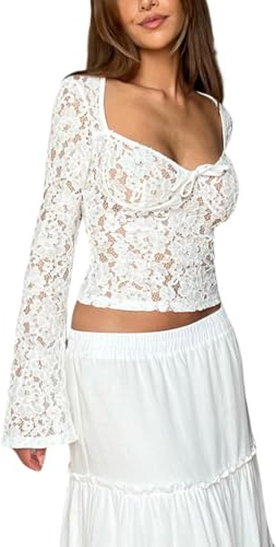Loalirando Maglietta Donna Manica Lunga con Scollo V Crop Top Sexy Ragazza Shirt Corto Top Trasparente in Pizzo T Shirt Elegante Blusa Donna Serata Clubwear (Bianco, S)