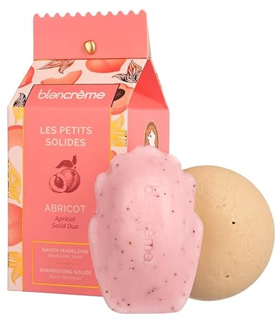 Blancrème - Cofanetto regalo Berlingot Duo solidi, 97% naturale, sapone Madeleine esfoliante con noccioli di albicocche + shampoo solido agli oli biologici di lino e mandorle dolci