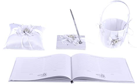 Warmhm 4 Stück Eheringkissen Alternativen zum Gästebuch Ringe Ringkissen und Blumenkorb Ringträgerkissen und Blumenmädchenkorb Hochzeit Kopfkissen schmücken einstellen Braut Geschenk Weiß
