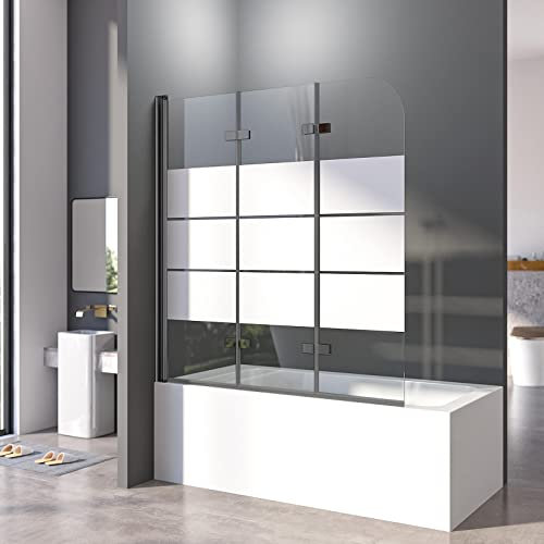 Duschwand für Badewanne mit Gestreift 130 x 140 cm Schwarz Badewannenfaltwand 3-teilig Duschfaltwand für Badewanne aus Gehärtetem Sicherheitsglas mit NANO Beschichtung