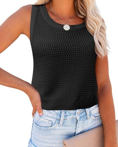 Saodimallsu Camiseta de punto para mujer, camiseta sin mangas, cuello redondo, blusa de ganchillo, esqueleto, camiseta de ocio, sexy, elegante, informal