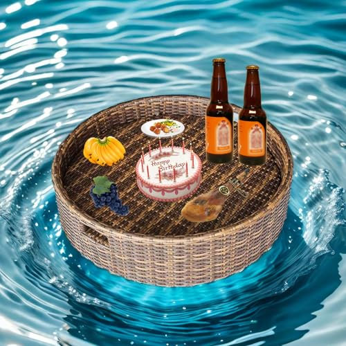 Plateau Flottant Plateau Flottant pour Piscine – Plateau de Piscine Flottant en rotin Rond – Plateau de Service Flottant pour Table et Bar – Plateau de Petit-déjeuner élégant,60cm*60cm