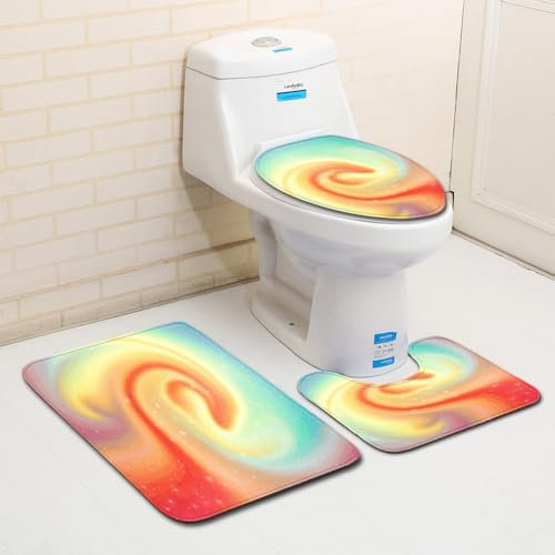 Bad Teppiche Set 3-Teiliges Orange Gelb Abstract WC Vorleger Mit Ausschnitt Badematte Saugfähig WC Deckelbezug Badvorleger rutschfest Waschbar Toilettensitzbezug Badgarnitur (50x80cm)