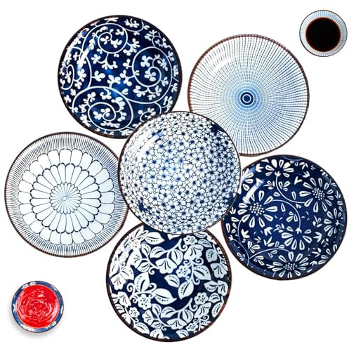 sinzau Ceramic Saucer Dish, 6 PCS Ceramic Dipping Bowls, Mini Side Seasoning Dish 6 Pattern Set, Stackable Mini Soy Sauce Bowls, Style 1