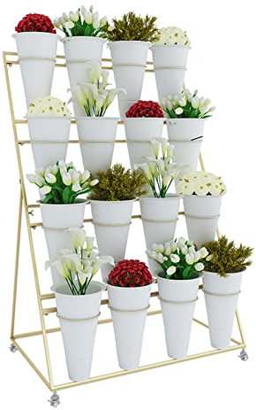 CGCSYZ Aufbewahrungs- und Organisationsregal für Blumentöpfe, Blumenständer aus Metall – 4-stöckig, bodenstehender Präsentationsständer für Floristenpflanzen – 16 Blu(Goldrahmen - Weißer Eimer