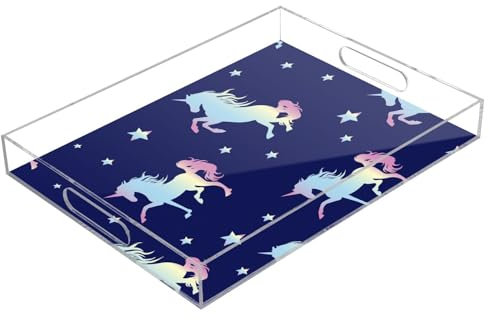 Neon Cute Unicorns Blue Rectangle Acrylic Tray Acrylic Serving Tray with Handles 12X16 Acrylic Serving Tray Waterproof