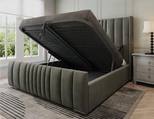 Furnishion Manhattan King Size Ottoman Bed with Mattress, Plush Velvet Panelled King Size Bed with Mattress and Storage, Modern Gas Lift Ottoman Beds Frame with 48in Headboard in Grey Plush