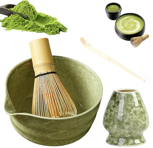 Ensemble de 4 pièces à matcha japonais avec bol à matcha en céramique vert matcha, bol à thé Chawan, fouet à matcha, cuillère à café et porte-fouet, ensemble de cérémonie du thé traditionnel avec