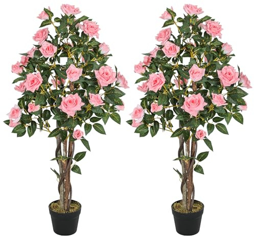 HOMCOM Set of 2 Decorative Artificial Plants, Faux Silk Rose Trees in Pot, Fake Plants for Home Indoor Decor, 110 cm, Pink